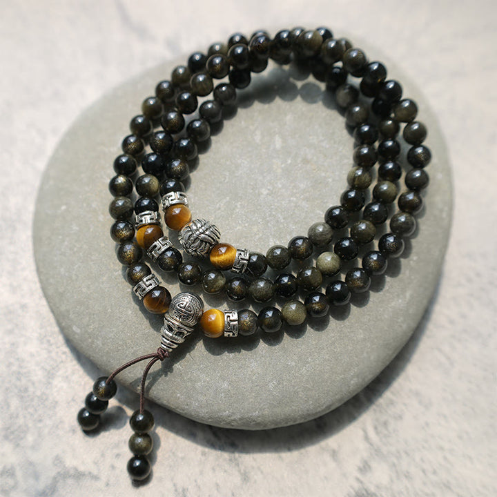 Collar Pulsera Energía Obsidiana Dorada