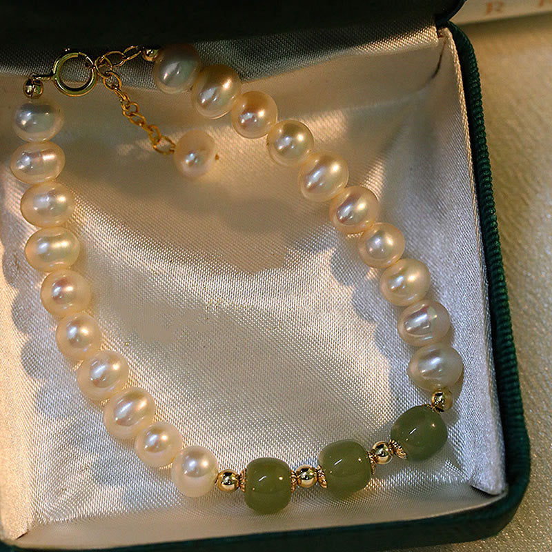 Pulsera de cadena de cuentas de sinceridad de jade blanco de jade cian hetiano de perlas naturales chapadas en oro de 14 quilates