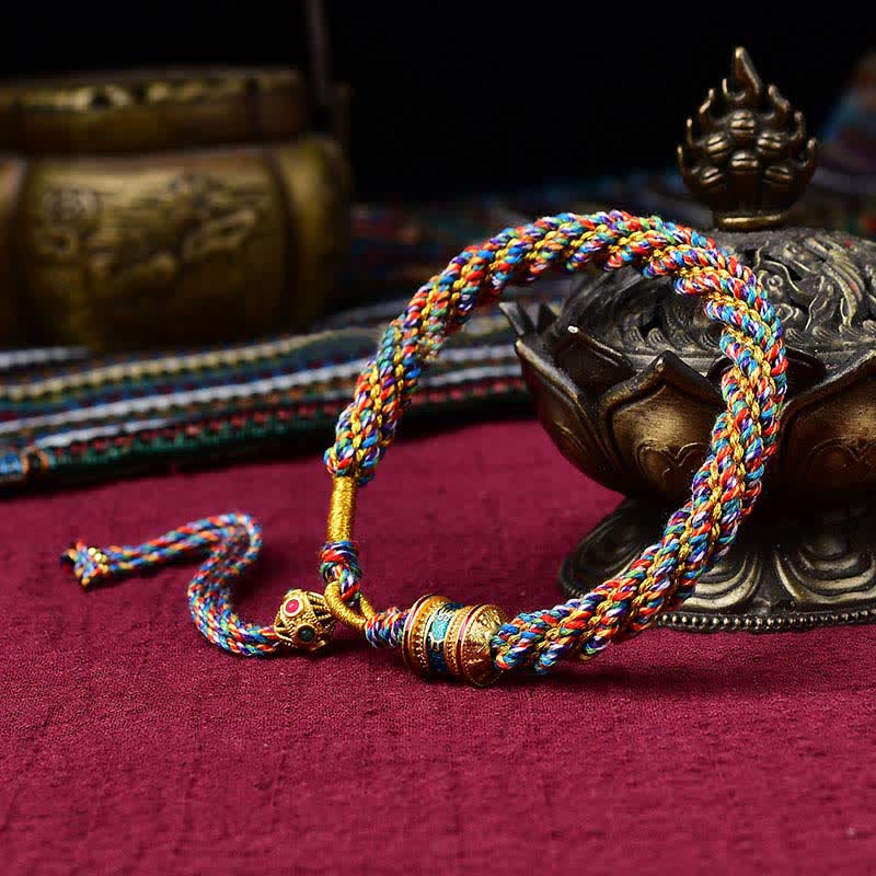 Pulsera de cuerda tejida con dije de rueda de oración Thangka de la suerte hecha a mano tibetana con Buddha Stones
