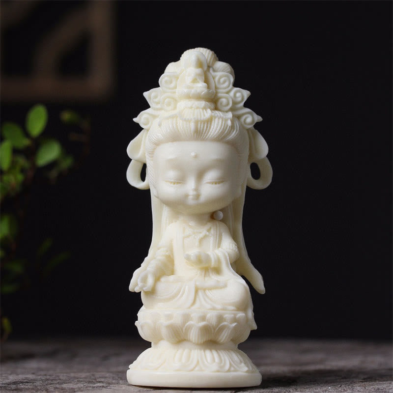 Buddha Stones Mini fruta de marfil Kwan Yin Avalokitesvara Lotus riqueza decoración de escritorio
