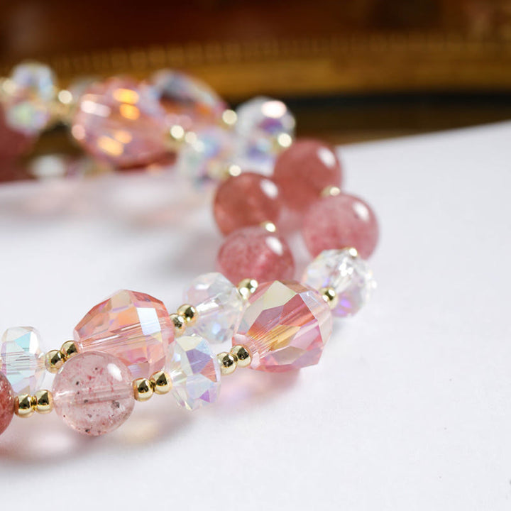 Pulsera de doble vuelta curativa con flores de circonita, cuarzo fresa y Buddha Stones