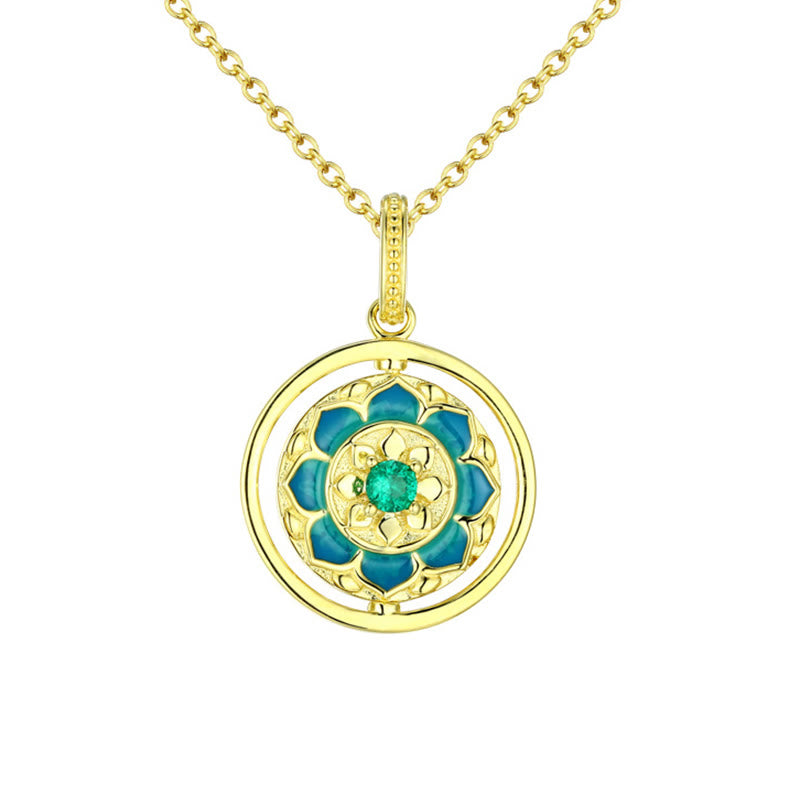 Colgante de collar giratorio con iluminación de circonita floral con flor de loto de Plata de Ley 925 con Buddha Stones
