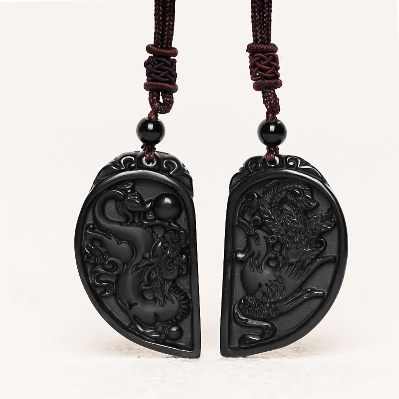 Collar con colgante de protección de fénix, dragón de amor, obsidiana negra, Buddha Stones - image 1