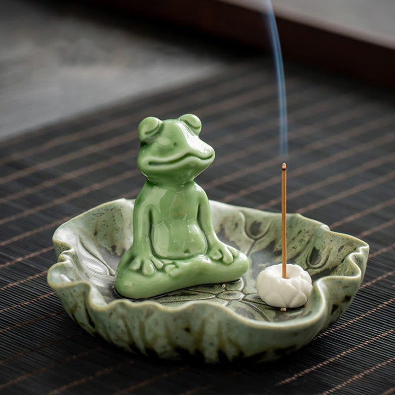 Quemador de incienso de cerámica curativo con patrón de rana para meditación de hojas de Buddha Stones, decoración