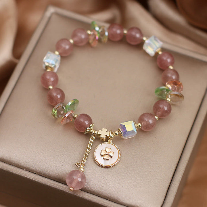 Pulsera con dijes curativos de trébol de cuatro hojas de la suerte, cuarzo fresa, Buddha Stones