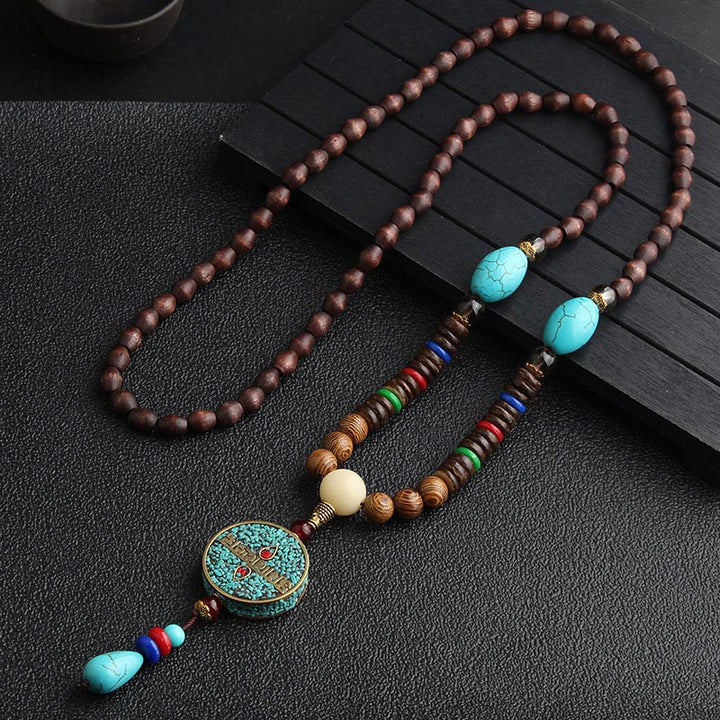 Collar de meditación de madera de wengué con cuentas Dzi de turquesa y Buddha Stones