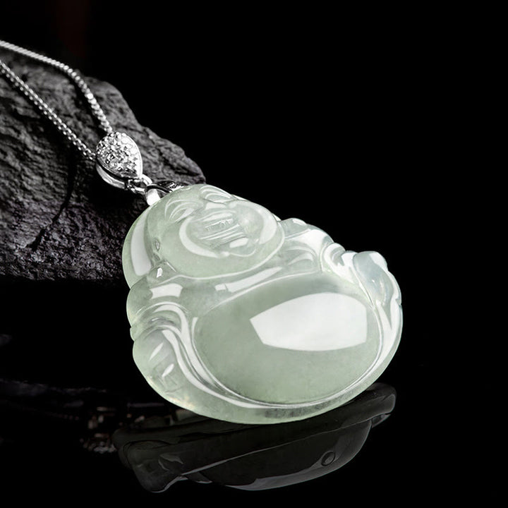 Collar con colgante de cadena de acero y titanio con Buddha Stones, jade natural, Buda sonriente, prosperidad y abundancia. - image 2
