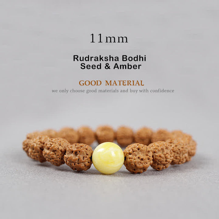 Buddha Stones Tíbet Rudraksha Bodhi Semilla Dzi Cuenta Ámbar Turquesa Pulsera de Riqueza - 11 mm - Semilla de Rudraksha Bodhi y Ámbar - image 18
