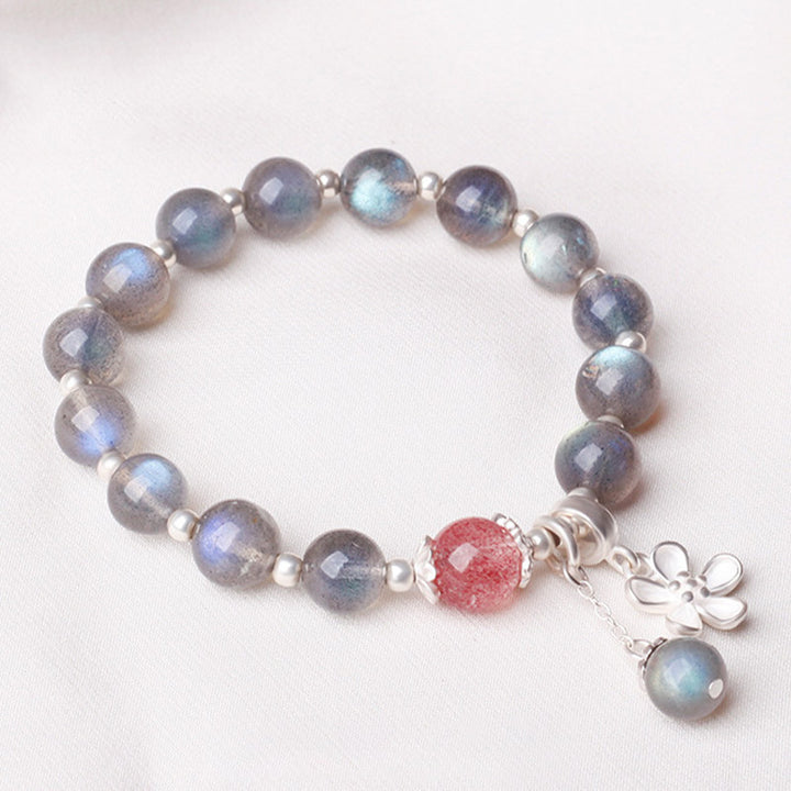Pulsera con dijes curativos de flores de cuarzo fresa, piedra lunar, Buddha Stones