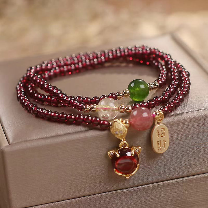 Pulsera de triple envoltura con Buddha Stones, granate Natural, fresa, cristal de cuarzo, zorro, pez Koi, hebilla de la paz, protección de la fortuna