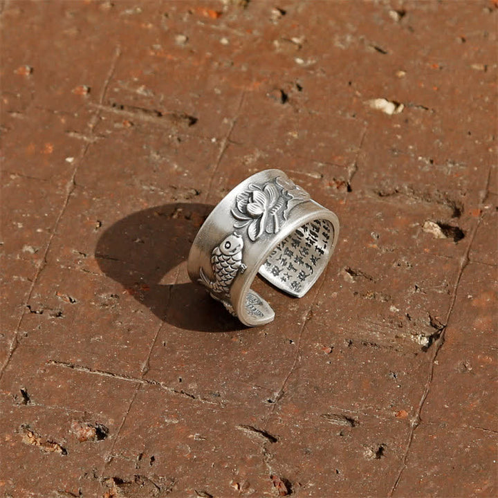 Anillo de plata de ley 999 con diseño de corazón de loto y pez koi de la suerte