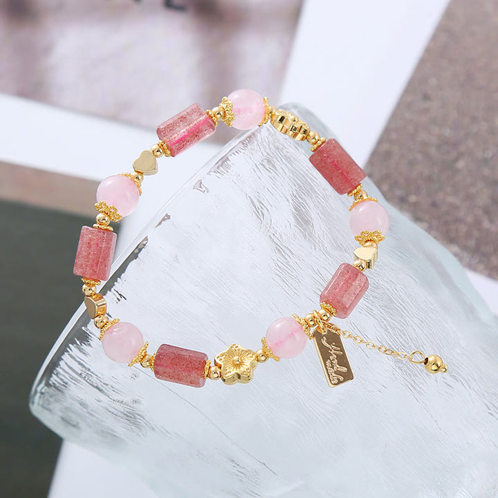 Pulsera Positiva con Buddha Stones, Cuarzo Fresa, Cristal Rosa, Amor, corazón, Flor