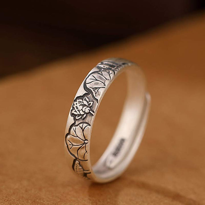Anillo de iluminación de flor de peonía de loto de plata de ley 999