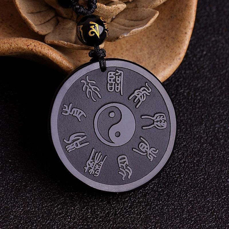 Buddha Stones Negra Natural Taoísmo Cinco Montañas Sagradas Mantra de Nueve Caracteres Tallado Fuerza Yin Yang Collar Colgante Llavero - image 2