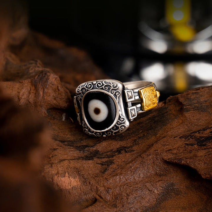 Anillo de protección de cuentas Dzi con diseño de diosa de la riqueza Zakiram de plata de ley 925 con Buddha Stones