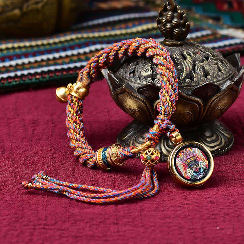 Pulsera de cuerda trenzada con dije de campana y rueda de oración Thangka de protección de la suerte hecha a mano tibetana