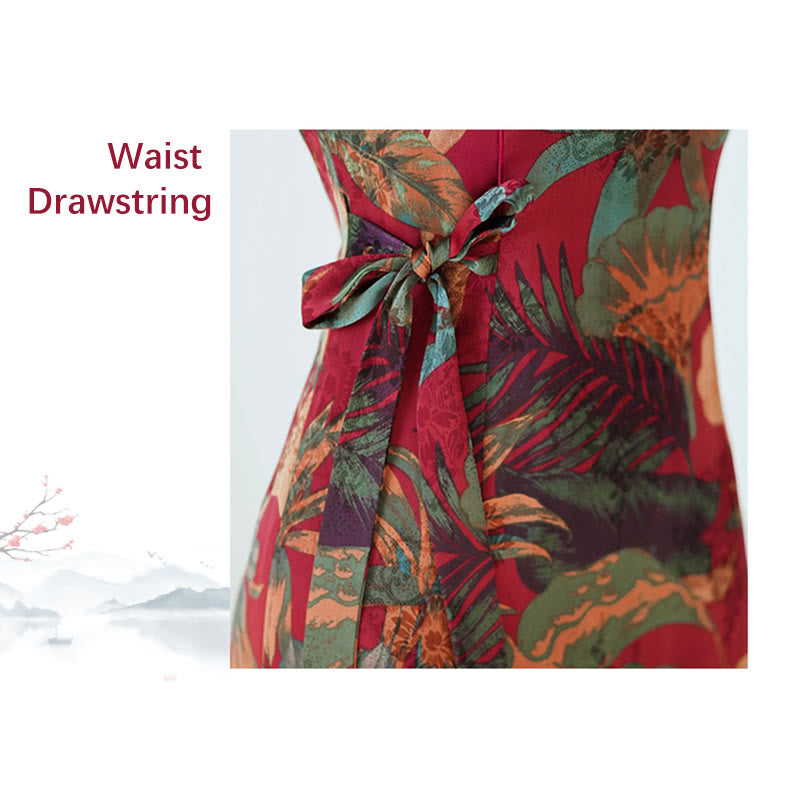 Vestido Qipao de seda con Buddha Stones, vestido Cheongsam con patrón de hojas y flores Retro para mujer - image 13