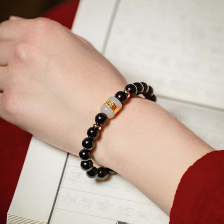 Buddha Stones obsidiana negra Jade Om Mani Padme Hum fuerza pareja pulsera magnética