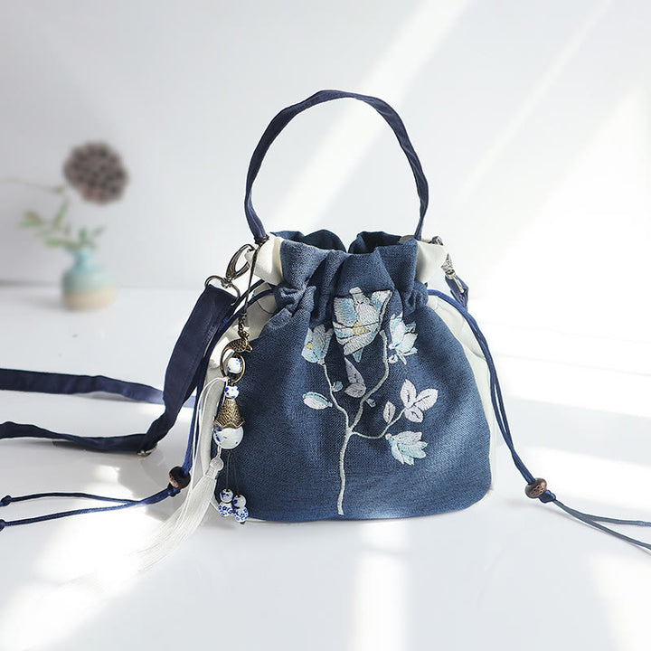 Bolso de hombro de lona con flores bordadas hechas a mano con Buddha Stones