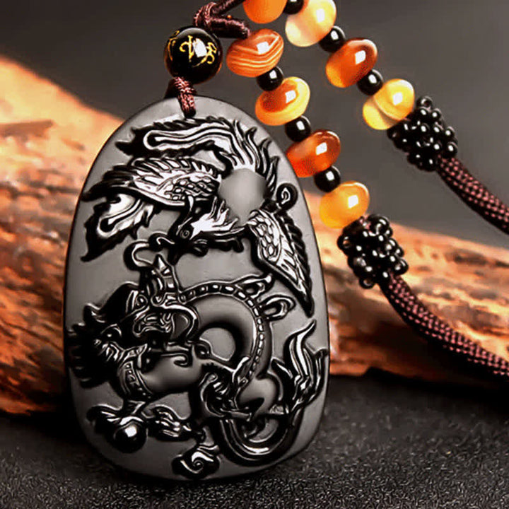 Colgante de collar con cuentas de protección de dragón y fénix de ojo de tigre de obsidiana negra