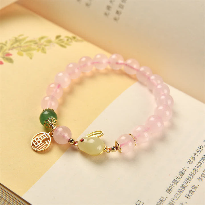 Año del Conejo Pulsera de Felicidad Amor Conejito Ágata Verde Cristal Rosa Natural