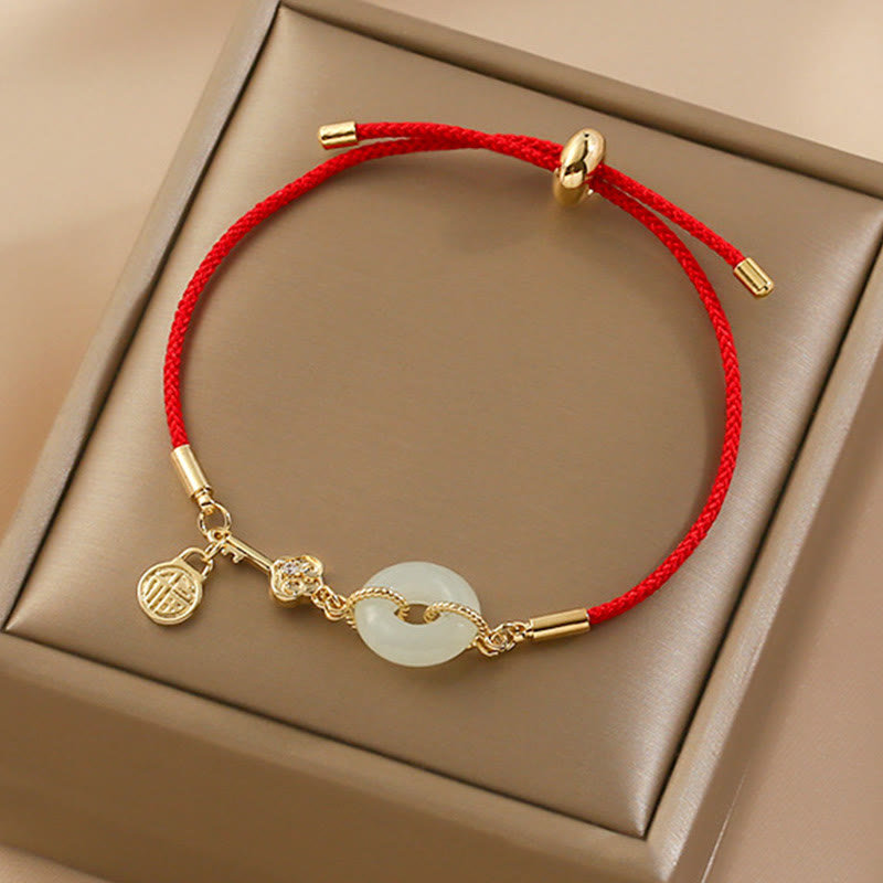 Pulsera de cuerda roja con hebilla de paz de jade hetiano chapado en oro de 18 quilates con Buddha Stones