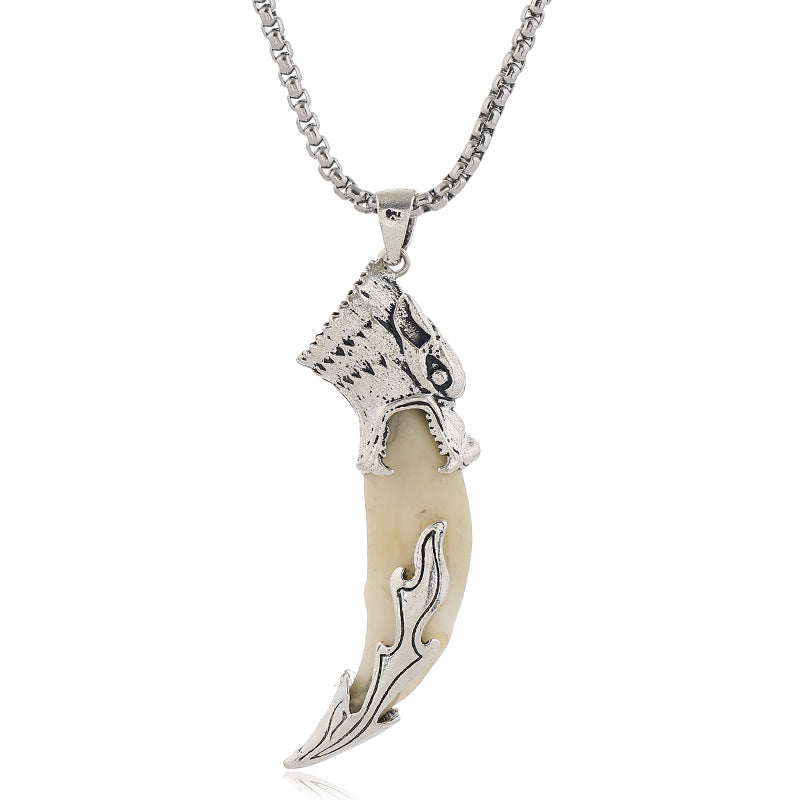 Colgante de collar de equilibrio de acero de titanio con dientes de lobo de imitación