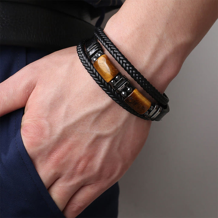 Pulsera de cuero multicapa con hebilla magnética y ojo de tigre con Buddha Stones - image 7