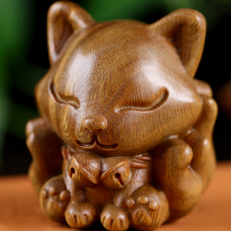 Miniatura de zorro de nueve colas, Buddha Stones, marfil, fruta, sándalo, sándalo verde, decoración bendita
