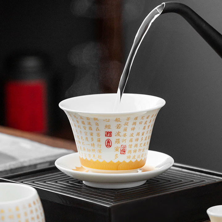 Taza de té y platillo con tapa, taza de té de cerámica Gaiwan, Sutra de corazón budista con Buddha Stones, pequeño personaje Fu