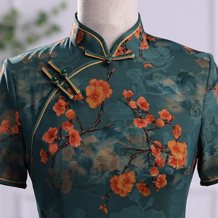 Vestido Cheongsam para mujer con estampado de plumas de peonía y flor de loto Retro con Buddha Stones - image 4