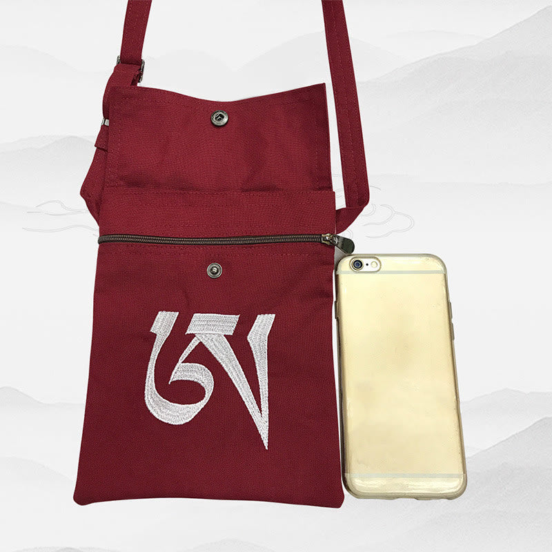 Hecho a mano OM Mantra bordado espiritual mente práctica algodón crossbody bolso hombro bolso teléfono celular