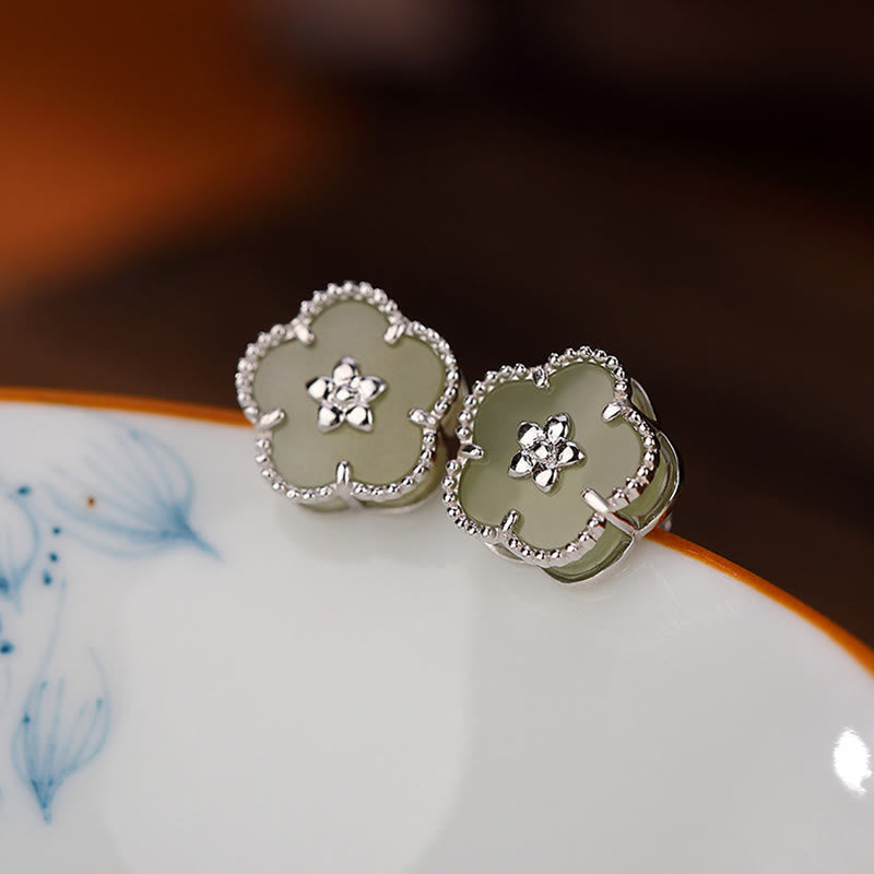 Pendientes de plata de ley 925 con Buddha Stones , jade hetiano y flor de ciruelo