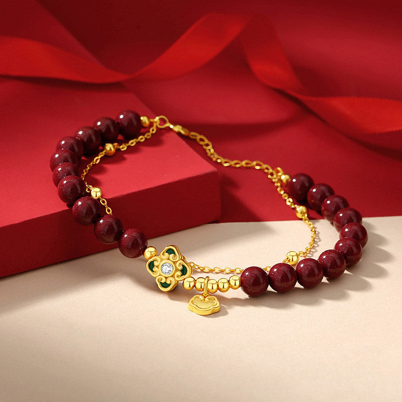 Pulsera de cadena de bendición de flores de trébol de cuatro hojas de cinabrio natural de plata de ley 925 con Buddha Stones