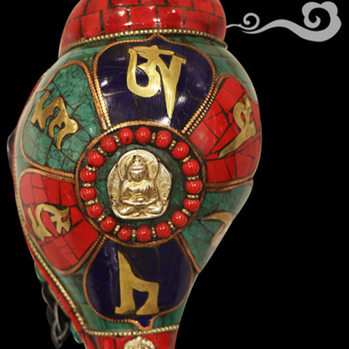Concha tibetana hecha a mano Shankha Om Mani Padme Hum Buda, decoración de la suerte