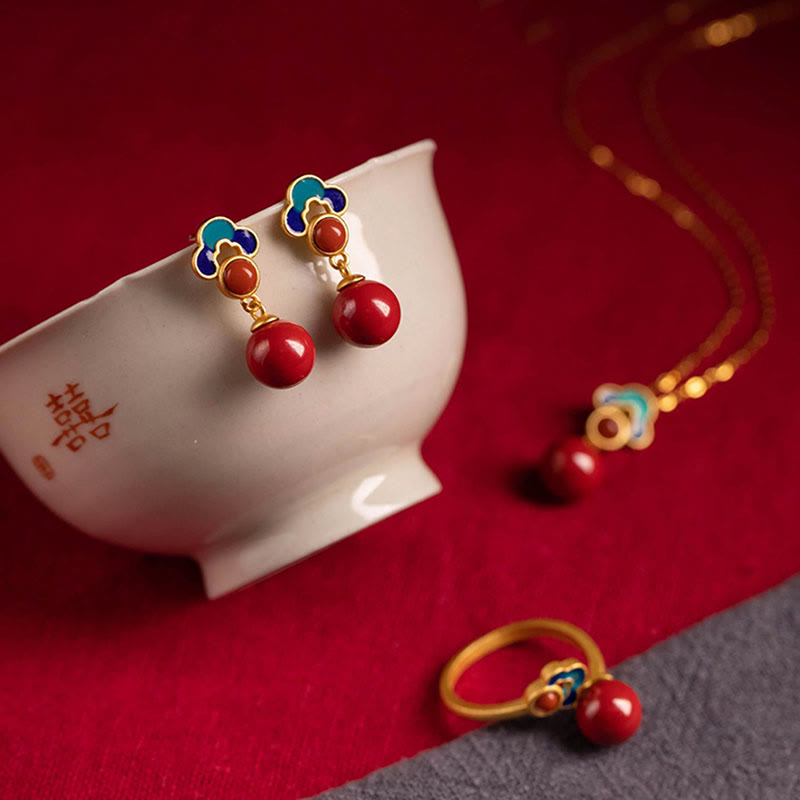 Juego de anillos y pendientes con colgante de ágata roja y cinabrio chapado en plata de ley 925 con Buddha Stones