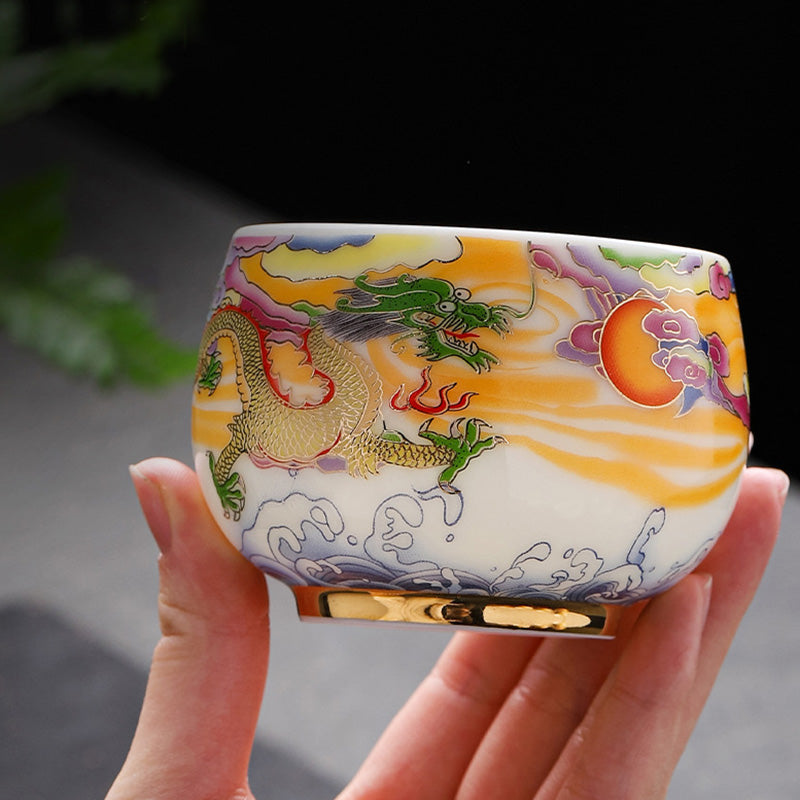 Taza de té de cerámica con Buddha Stones, dragón, Fénix, nubes propicias, sol, olas del océano, taza de té de Kung Fu