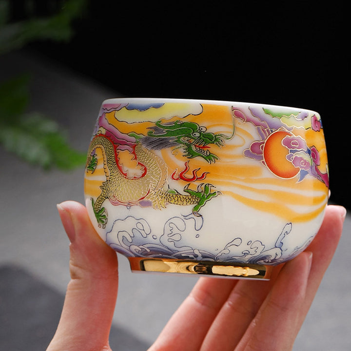 Taza de té de cerámica con Buddha Stones, dragón, Fénix, nubes propicias, sol, olas del océano, taza de té de Kung Fu