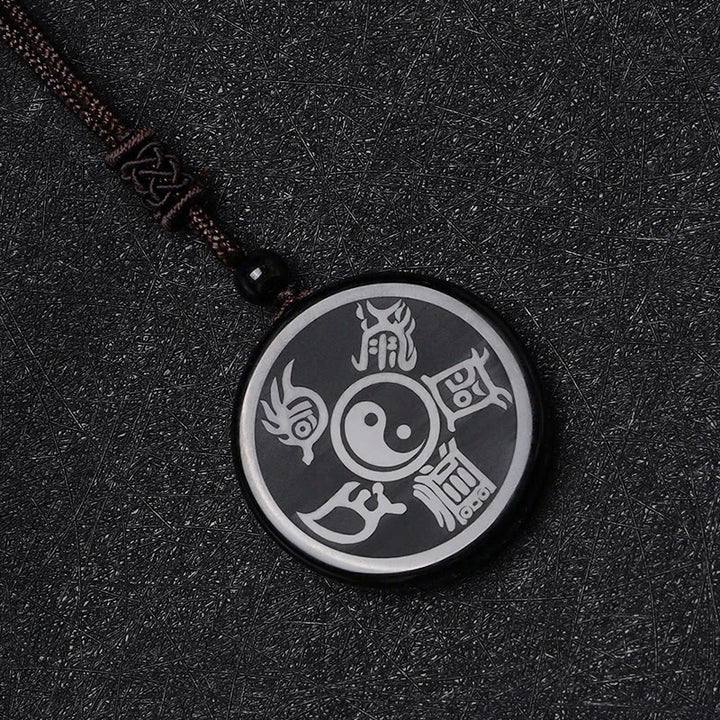 Buddha Stones, obsidiana negra, taoísmo, cinco montañas sagradas, Mantra de nueve caracteres tallado, purificación, colgante de collar Yin Yang