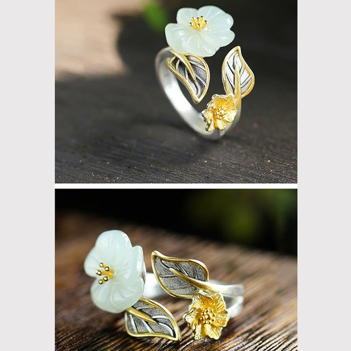 Anillo de la suerte de la hoja de la flor del ciruelo del jade blanco del cobre plateado 925 de las Buddha Stones