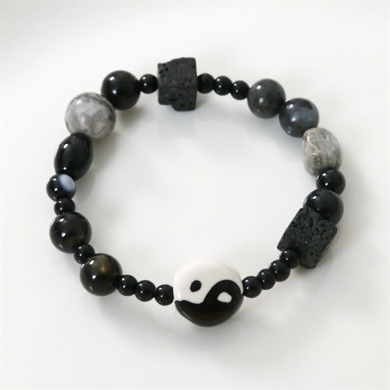Pulsera de protección de la fortuna Yin Yang con cuentas de jaspe Picasso de ónix negro y Buddha Stones