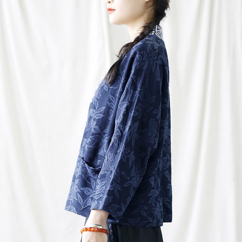 Chaqueta de manga larga con cuello en V y jacquard floral con Buddha Stones