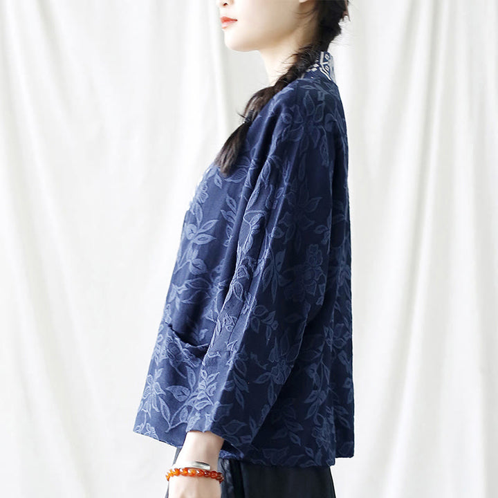 Chaqueta de manga larga con cuello en V y jacquard floral con Buddha Stones