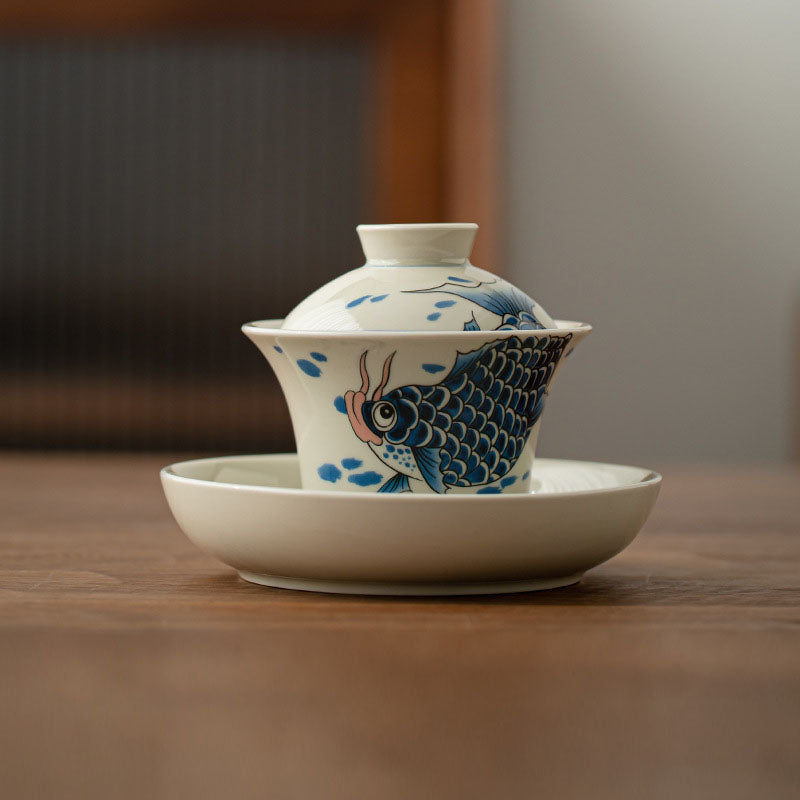 Buddha Stones Koi Arowana cerámica Gaiwan Sancai taza de té Kung Fu con tapa 130ml