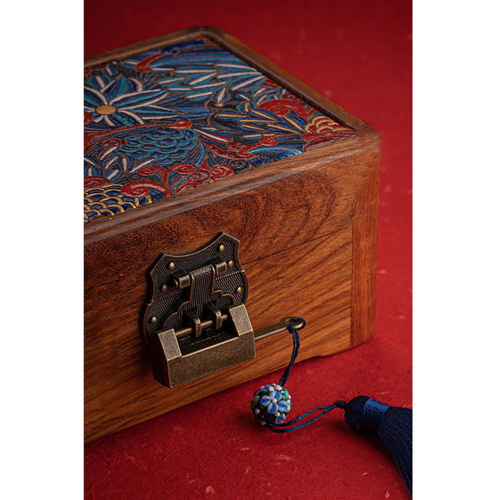 Caja de almacenamiento de joyería de palisandro con estampado floral hecha a mano retro, caja organizadora de regalo de madera con cerradura