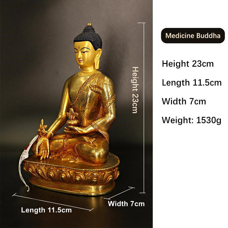 Estatua decorativa chapada en oro y cobre de la compasión del Buda de la medicina Shakyamuni