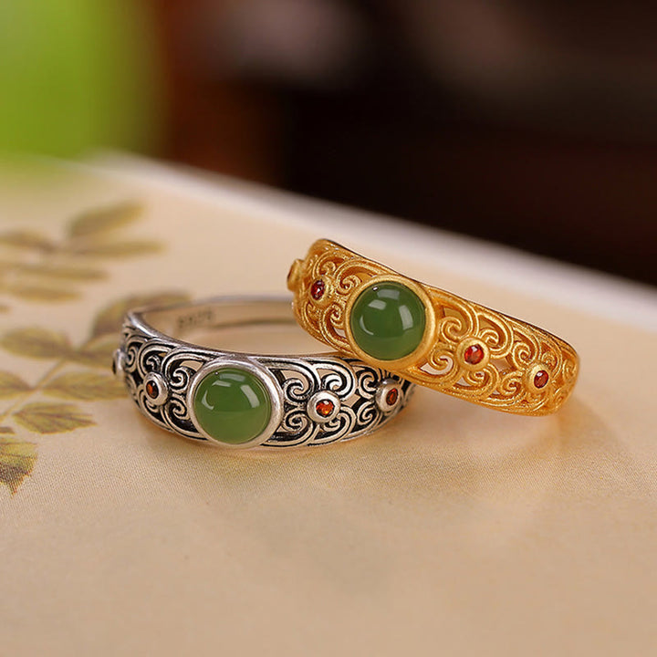 Anillo ajustable de armonía de jade cian hetiano de plata de ley 925 con Buddha Stones