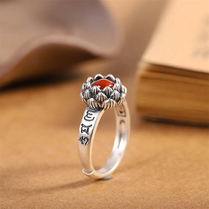 Anillo de bendición de confianza de ágata roja de loto de plata de ley 925