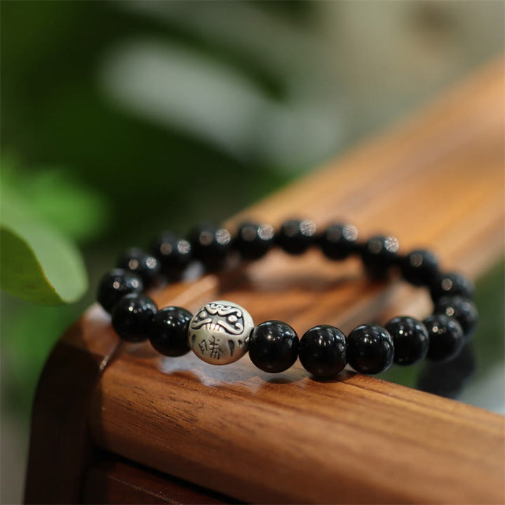 Pulsera de protección con grabado de personaje de cuentas de ónix negro de plata de ley 925 con Buddha Stones