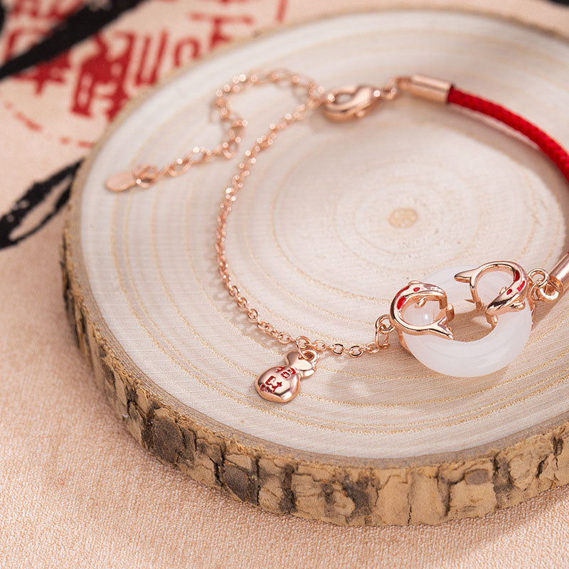Pulsera con amuleto de la suerte , Buddha Stones, Jade blanco, doble pez Koi, hebilla de la paz, atrae la fortuna
